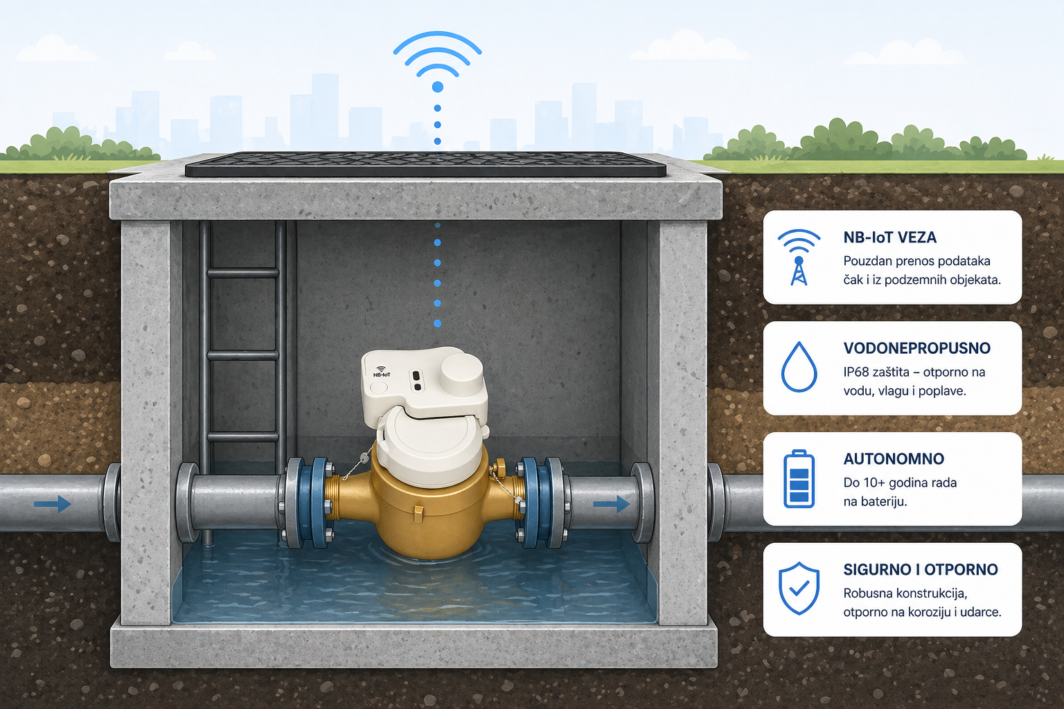 Pametni vodomer u šahtu sa komunikacionom vezom